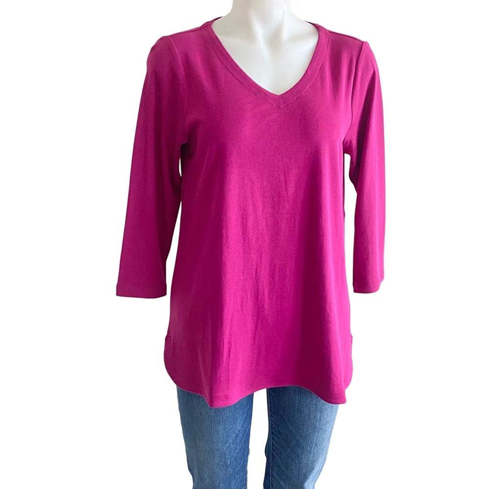J. Jill Magenta Pink Pima Cotton 3/4 Sleeve V-Neck Tee Shirt Medium